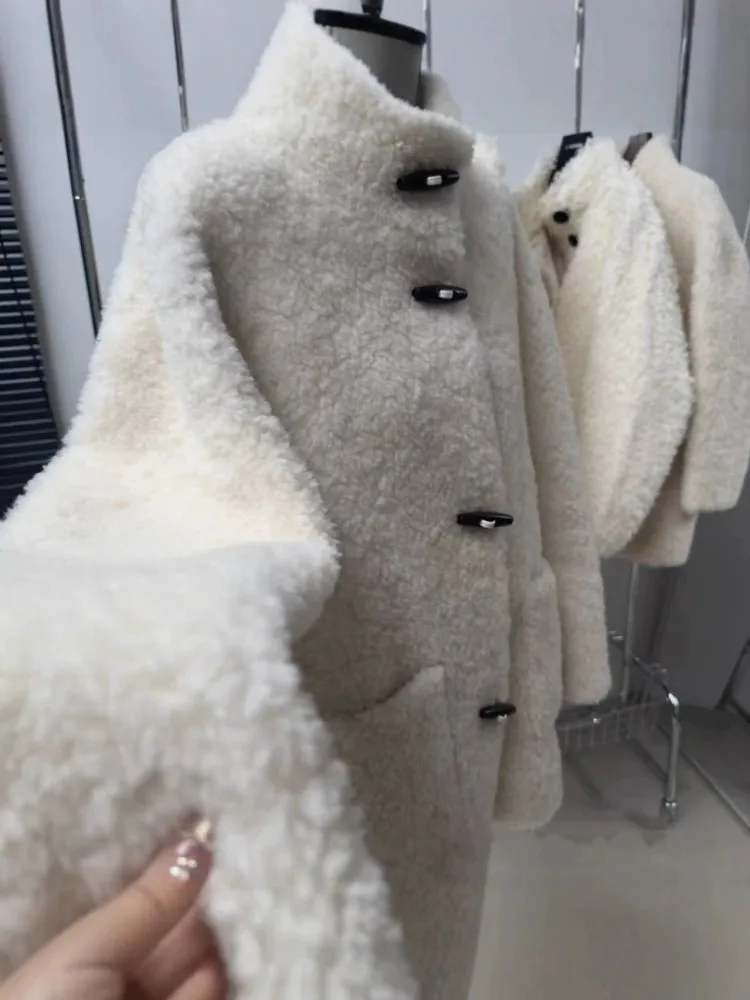 Cappotto da donna in vera lana stile coreano Colletto alla coreana Capispalla in pelliccia di pecora Cappotto medio-lungo Giacca ampia autunno inverno moda