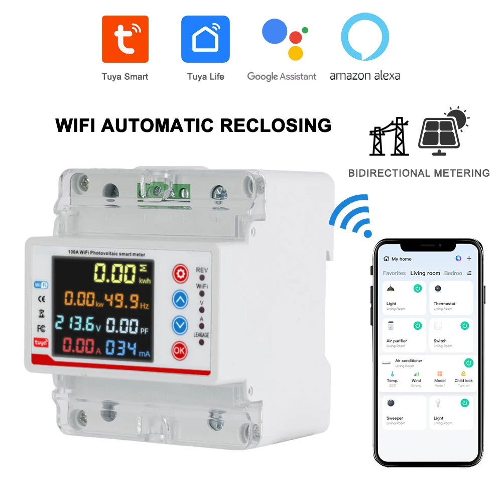 100A Single-Phase Tuya Smart Photovoltaic Meter Over/Under Voltage Protector