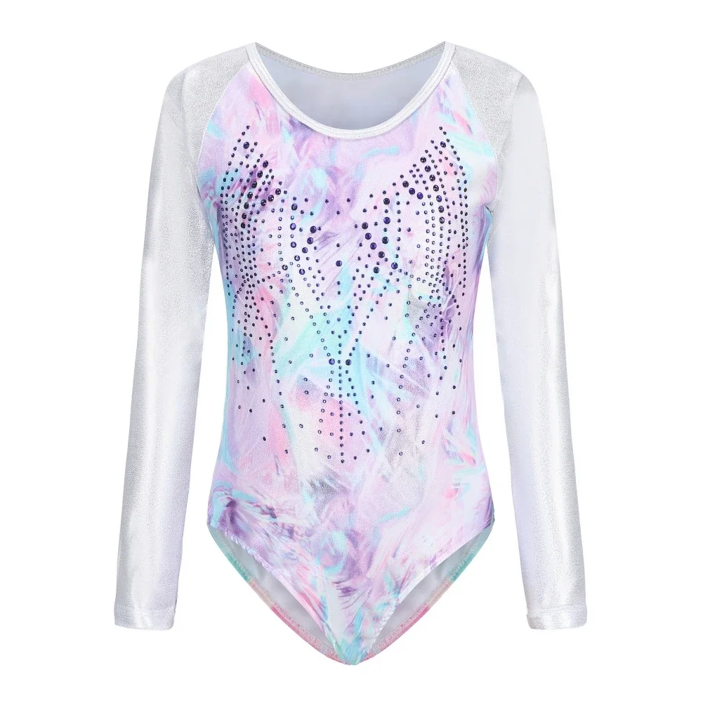 5-12 Year Children Girls' Long Sleeve Ballet Leotard High Stretch Gradient Print Sparkly Tumbling Gymnastics Dancewear Bodysuit