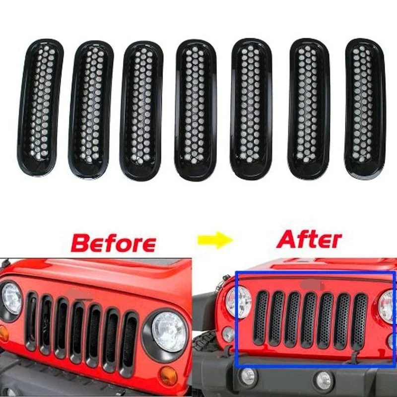 7pcs/set Grid Decorative Circle Front Grille Insert Mesh Light Circle for Jeep Wrangler Rubicon JK 2007-2017 Black