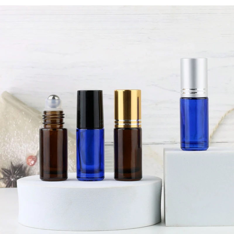 50PCS/lot 5ml Brown Roll-On Bottle Blue Glass Essential Oil Bottle Portable Perfume Cosmetic Containers Refill Perfume Bottle