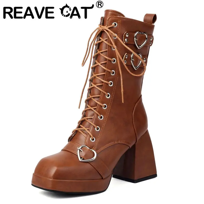 

ORCHA LISA Fashion shoes Women's Mid Calf Knight Boots Round Toe 9cm Block Heel 2cm Platform Lace Up Decor Size 46-48 Leisure