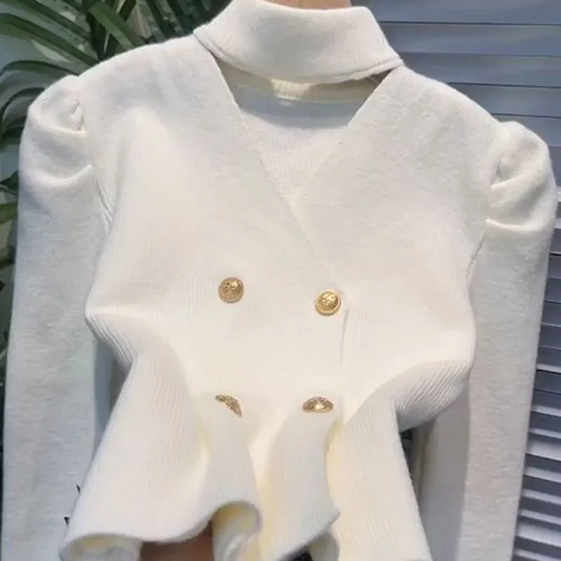 לבן הצוואר ו-הצוואר קוריאני סורגת חולצת בקבוק נשים סתיו פשטות סוודר צבע מוצק אופנה כל-התאמה חולצות סריגים