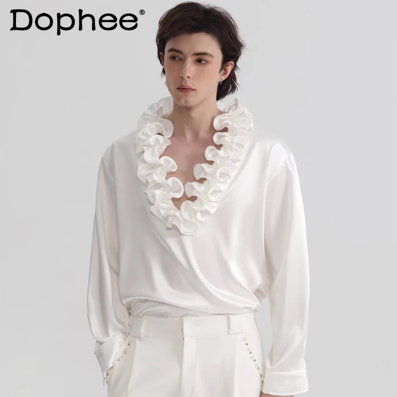 

Men's 2026 Spring New Fashion V-neck Satin Long-sleeve Shirts Male Handsome Elegant Loose High-end Shirts Breathable Trendy Tops