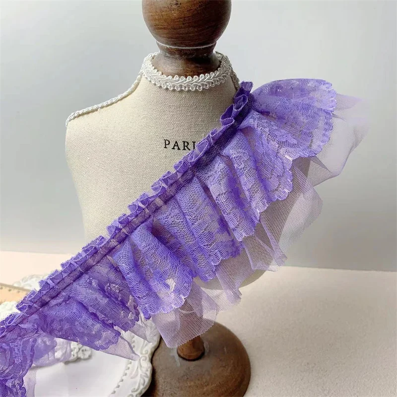 9CM Wide Double Layers Purple Tulle Mesh Wrinkled Embroidered Ribbon Ruffle Lace Trim Dress Curtains Apparel DIY Sewing Decor