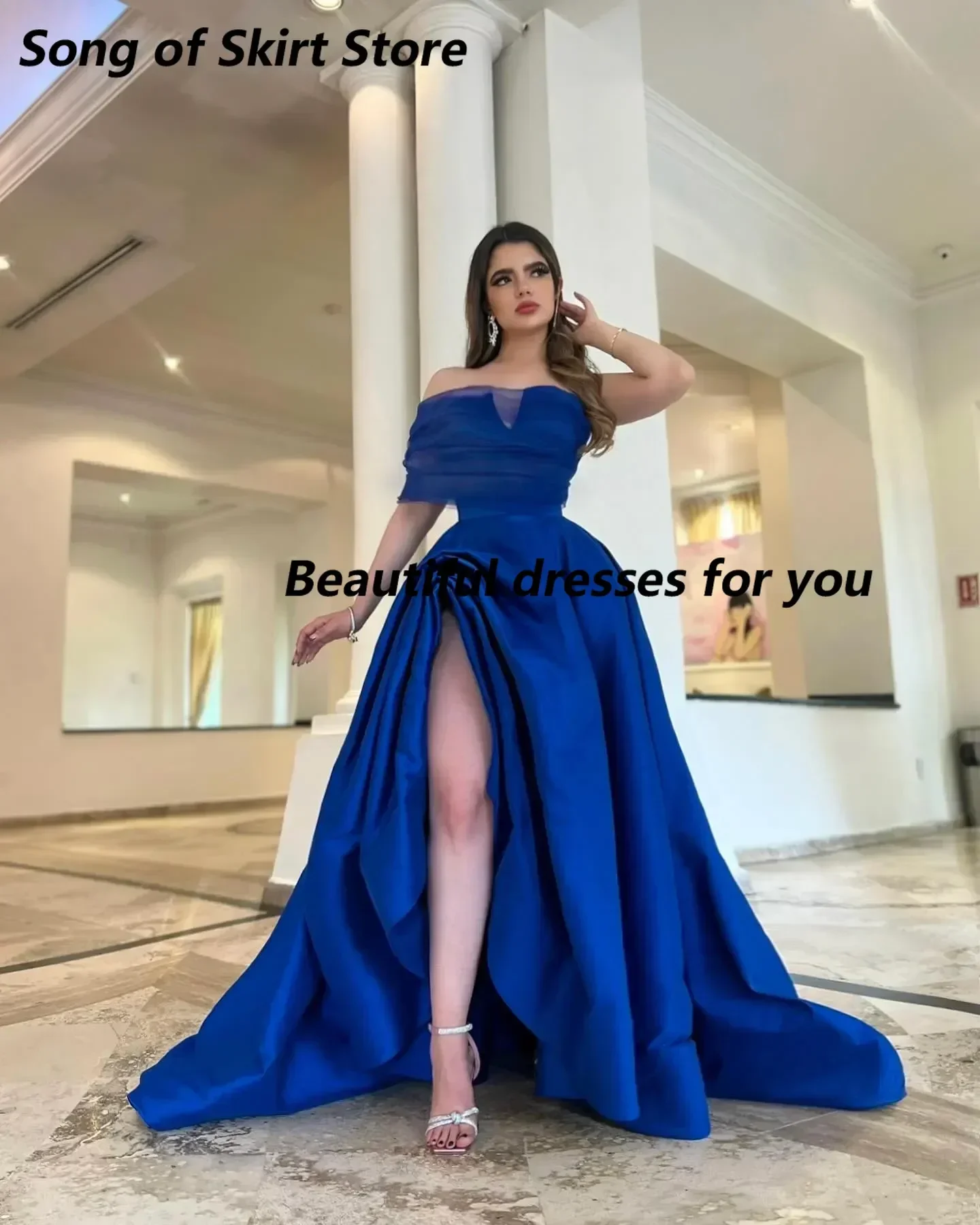 Customized Fashion Royal Blue Prom Dress A Line Tulle Strapless Evening Dresses Satin Split Pick-ups Backless Beauty Women