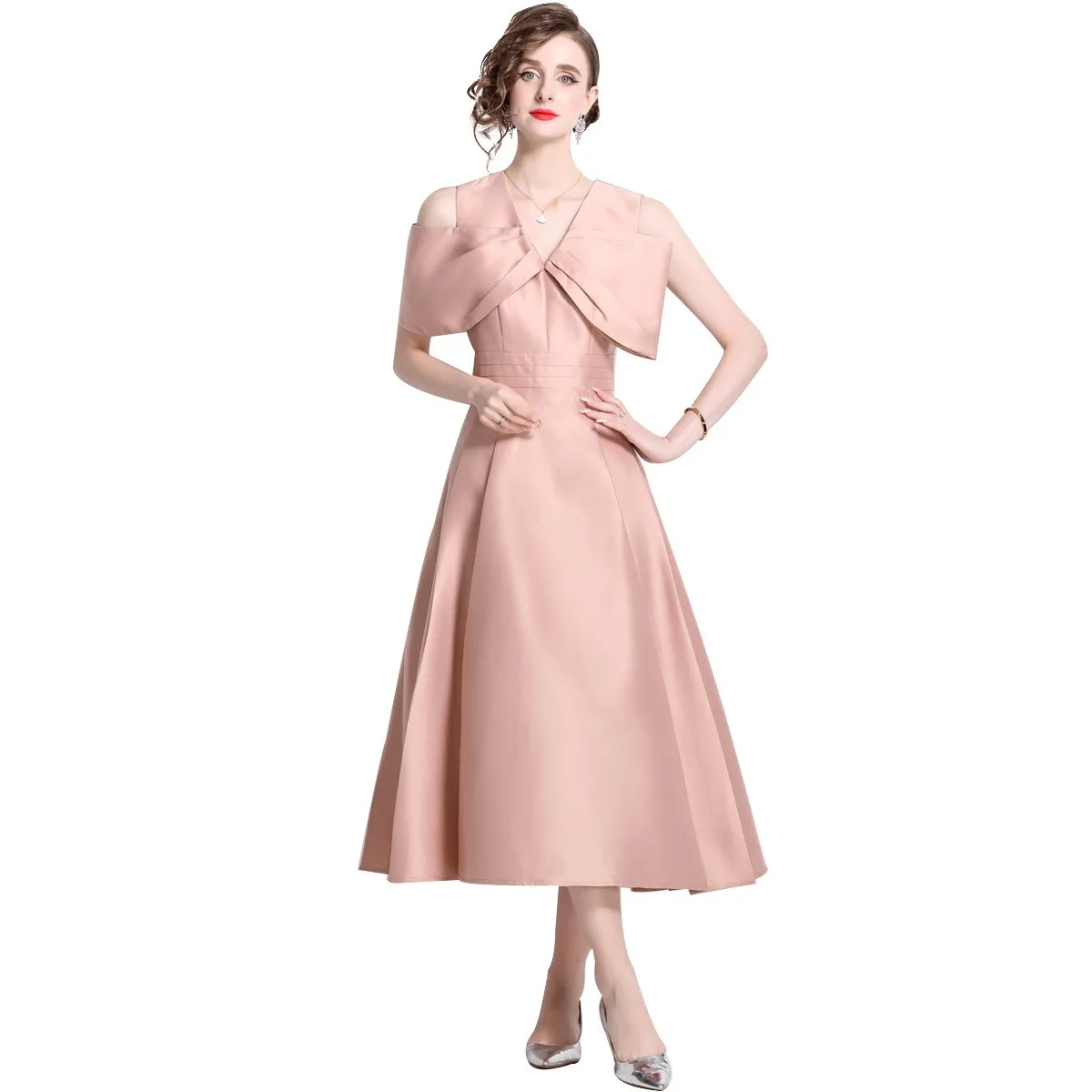 V Neck Gown High Waist Slim Fit Elegant with Professional a Line Silhouette Maxi Length Dress Summer Pleated Dress for Women
