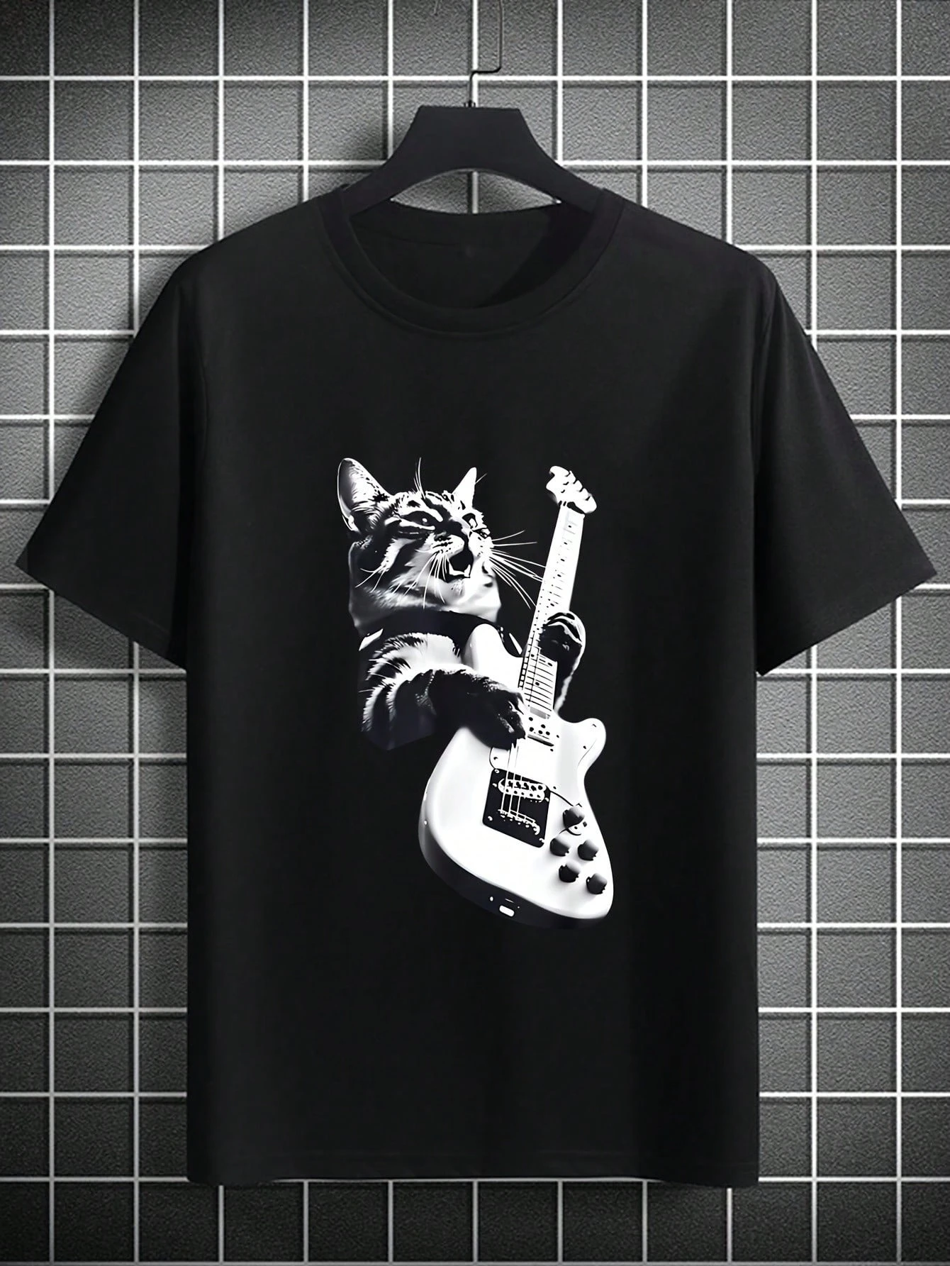 

Men's T-shirt Men's Fashionable Cat And Guitar Graphic Printed T-Shirt Comfortable Unisex Breathable harajuku COTTON streetwear