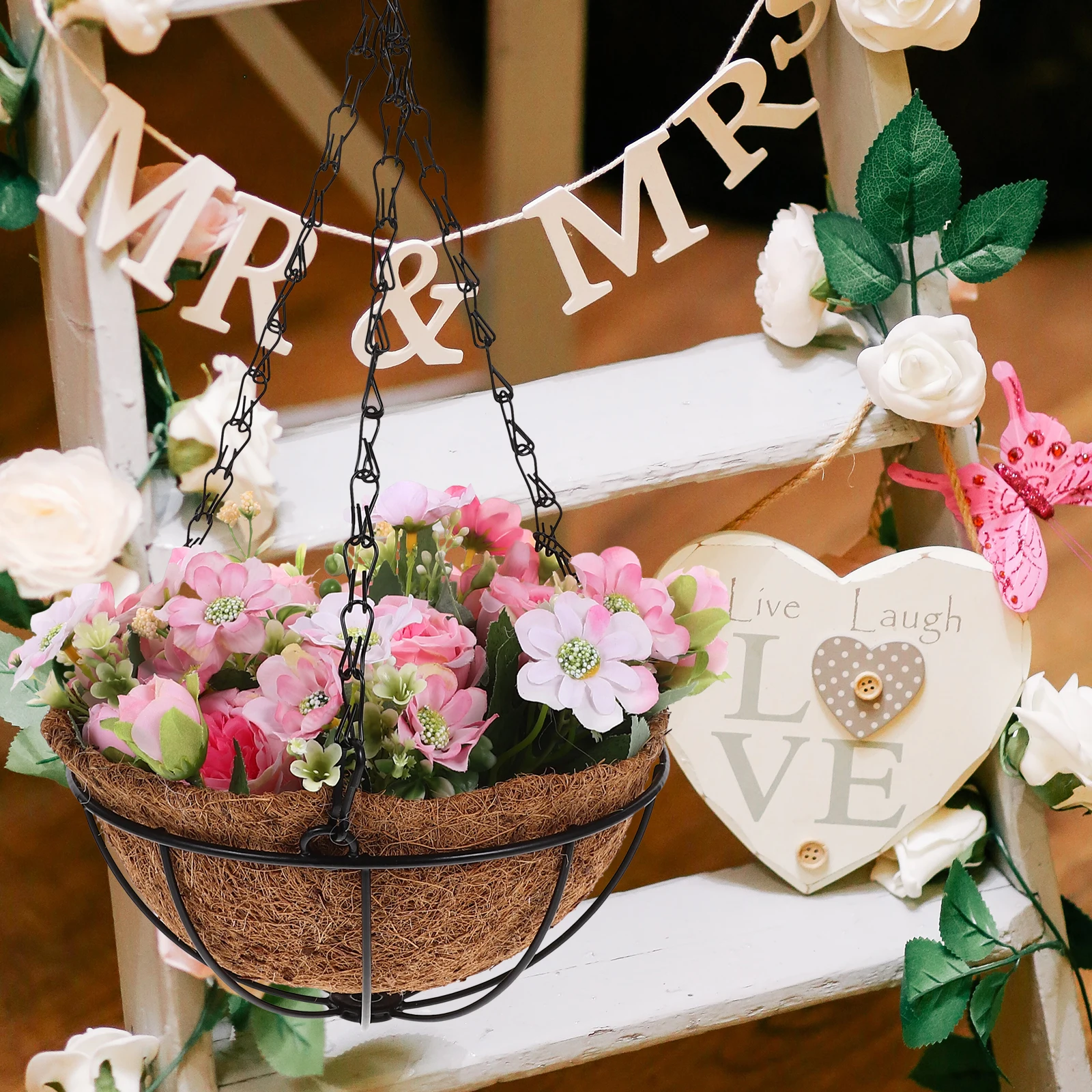 

1pc Simulated Peony Basket Pink Artificial Hanging Outdoor Decor Artificial Flower Hanging Basket Wedding Garden Plants