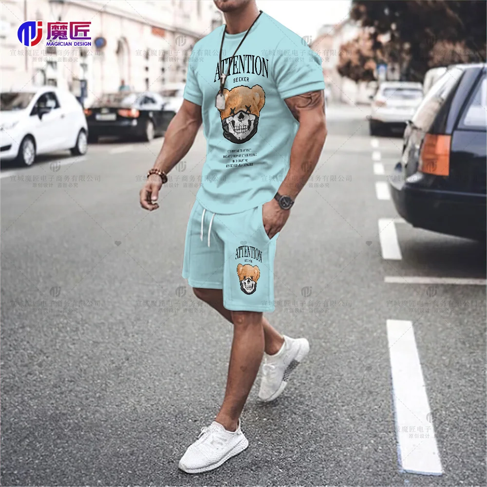 2023 Funny Teddy Bear T-Shirt Cool Robot Graphic Tops Harajuku Cartoon Street Men's Casual Fashion Shorts Set Roupas Men