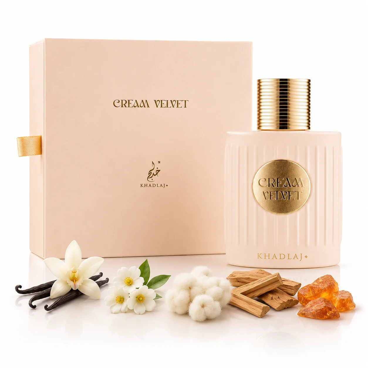 Khadlaj Cream Velvet Eau de Parfum 3.4fl.oz/100ml Unisex Perfume Spray, Luxury Vanilla Cotton White Flower Woody Amber Musk Scent, Ultra Long Lasting Arabic Premium Men Women Cologne, Elegant Cream Ribbed Bottle with Gold Cap & Gift Box Set for Her Him.