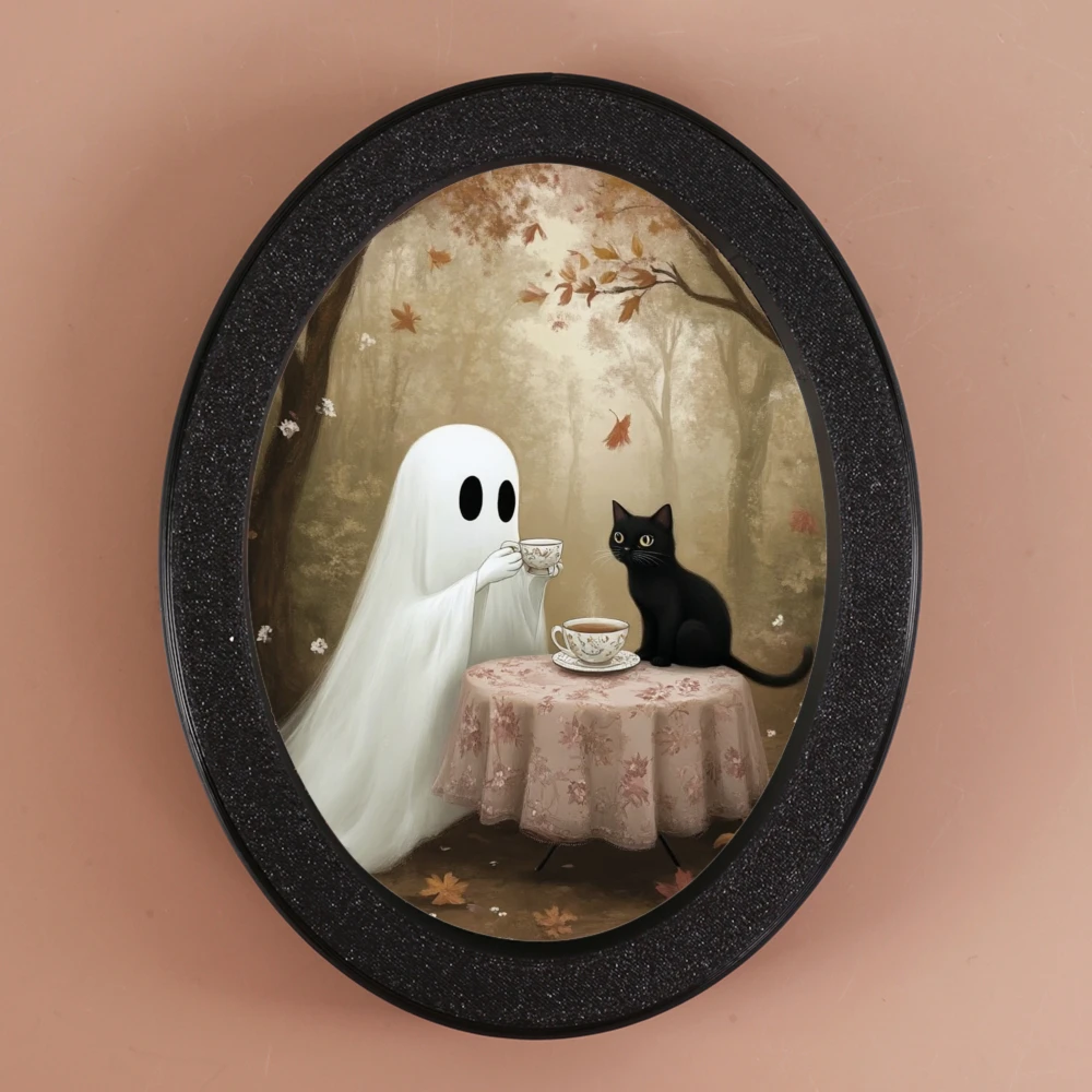 Cross-border Halloween Oval Decorative Ornament, Ghost & Black Cat Afternoon Tea in Forest Scene, Creating Warm & Healing Atmosp
