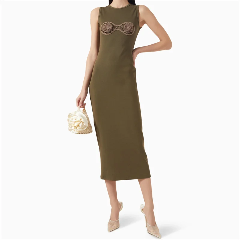 

Women's dress New elastic knitted sleeveless long skirt for summer 2025 High quality pure cotton midi dresses y2k party dresses