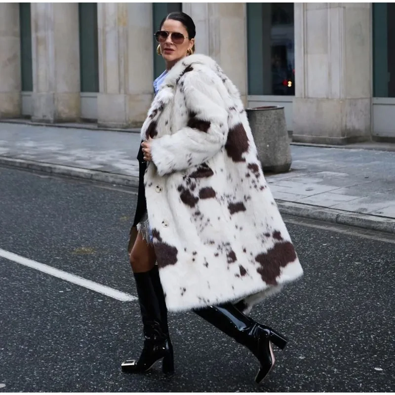 Women Faux Fur Long Coats Jackets Turn Down Collar Print Coat Thick Warm Y2k Streetwear Jacket Work Outerwear Autumn Winter