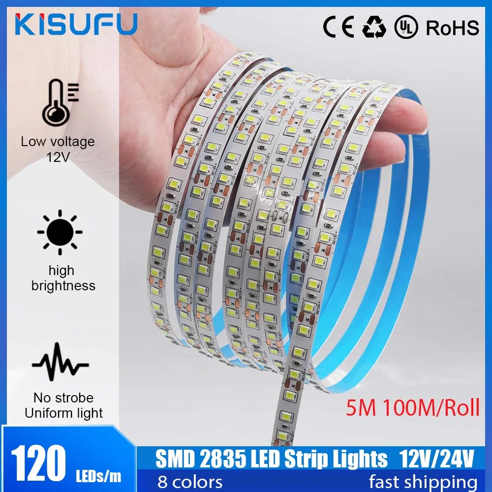 12V LED Strip SMD 2835 100M LED Stripe Tape Light 120LEDs/M Flexible Strip Ribbon Lamp Home Decor Light with 2pin Wire 9 Colors