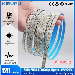 Tira de luces LED de 12V SMD 2835 100M cinta de luz LED de 120LEDs/M lámpara de cinta de tira Flexible decoración del hogar luz con cable de 2 pines 9 colores