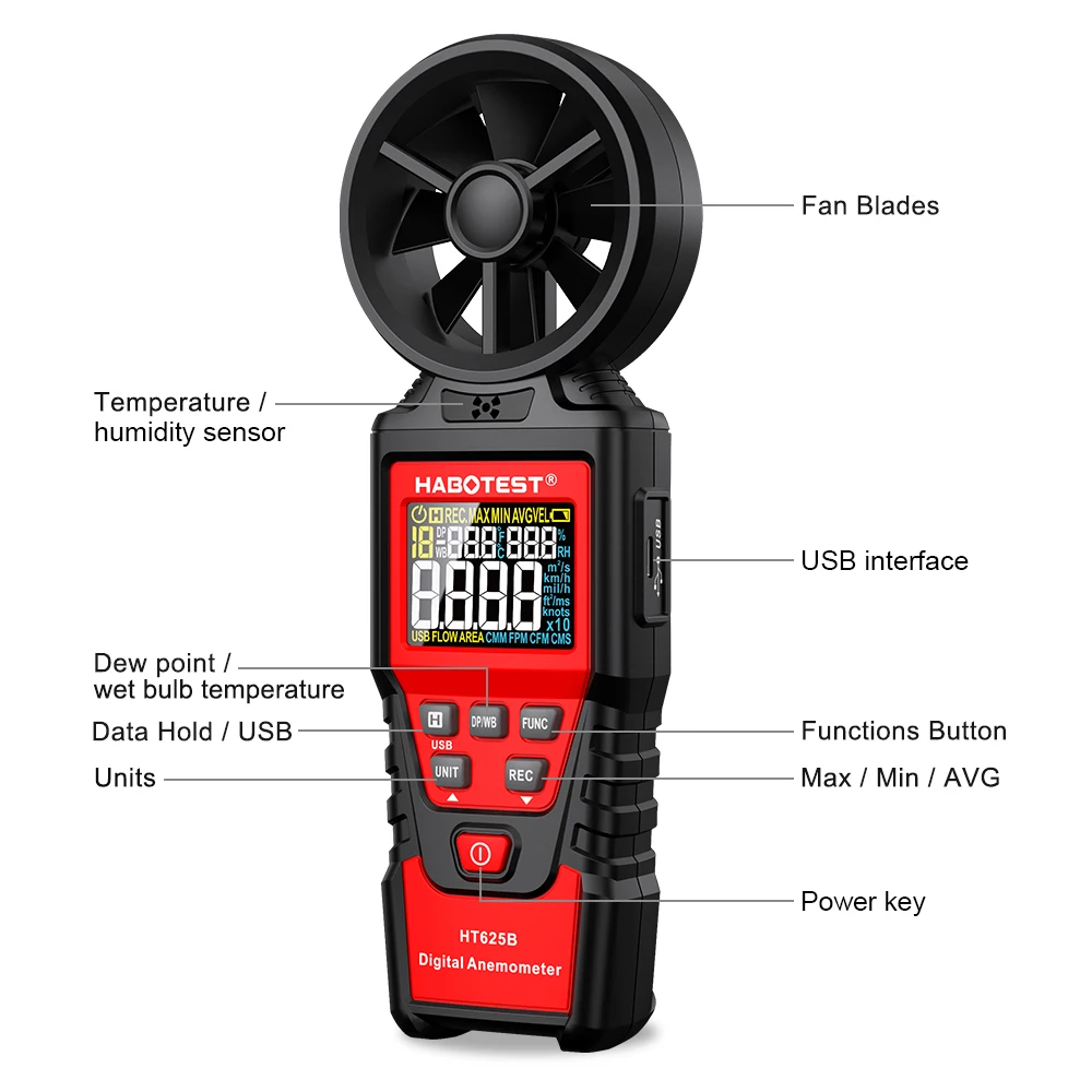 HABOTEST High Precision Anemometer Portable Wind Speed Meter 30m/s Air Volume Gauge Temperature Humidity Meter