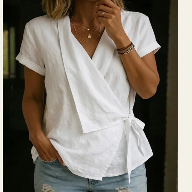 Summer Women Casual Solid Color Linen Blend Wrap Blouse V-Neck Short Rolled Sleeve Side Tie Waist Elegant Shirt Daily Streetwear