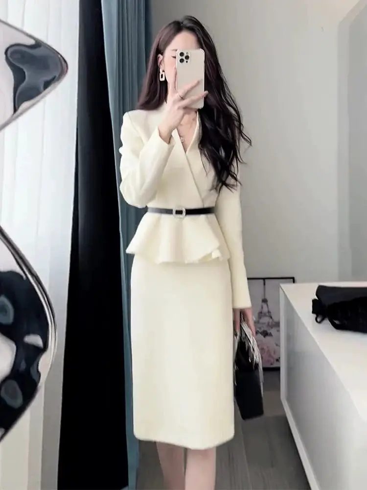 

Insozkdg Professional Luxury Suit Women Clothing Autumn New Mature Fashion Waist Belted Slim Short Coat Midi Skirt Two Piece Set