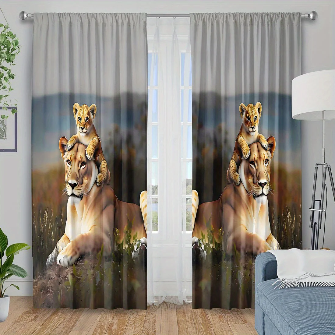 Lion Family Curtain, Mother Lioness & Cub Print Drape, Realistic Wildlife Safari Window Treatment for Living Room Bedroom Home