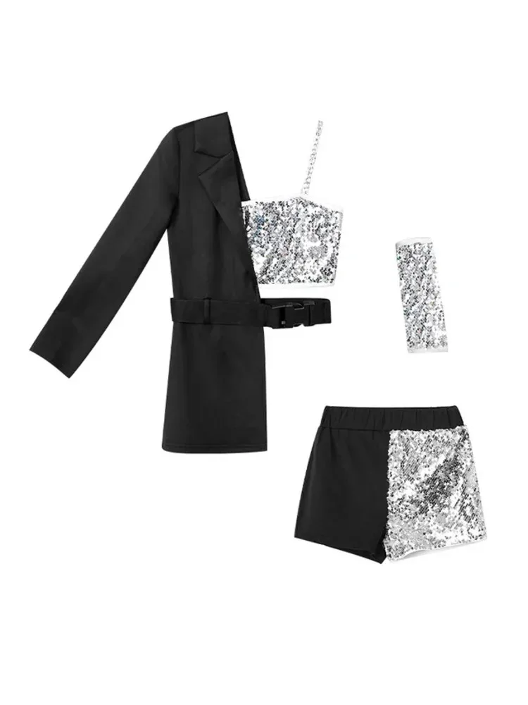 Ropa de calle para niñas, diseño Y2K, moda única, espectáculo de danza, pasarela, lentejuelas, trajes k-pop, actuación, Jazz negro, escenario plateado