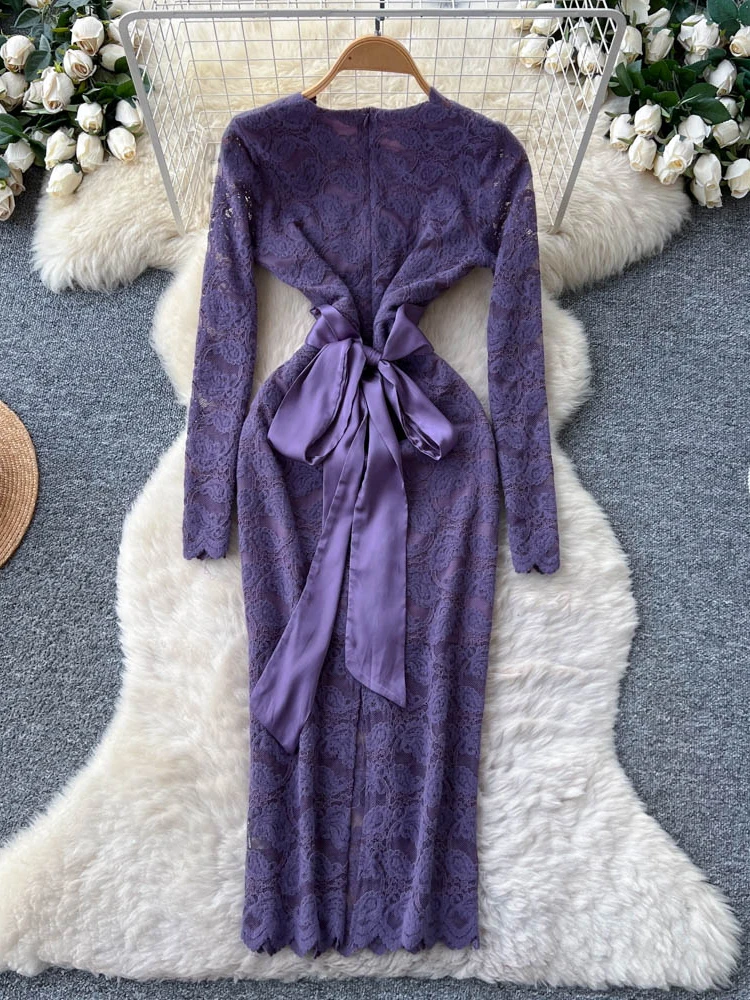 秋冬の女性のエレガントなレースのパーティードレス新しい紫アプリコットファッション長袖ウエストバッグヒップパーティーロングドレス S292