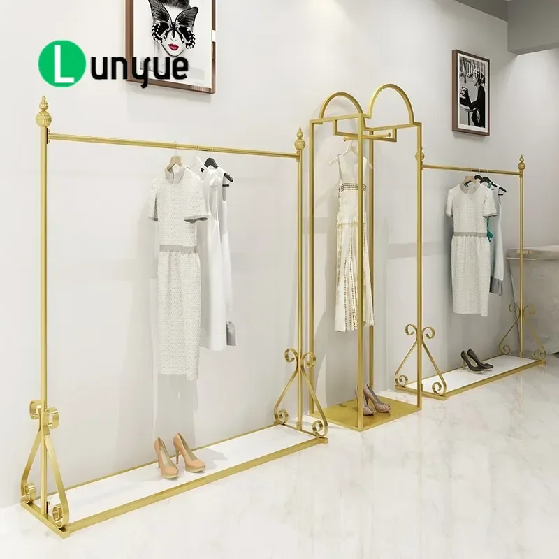 Gold Wrought Iron Clothing Rack Floor to Ceiling Display Shelf for Men Women Garment Store Mid Island Side Hanger Stand