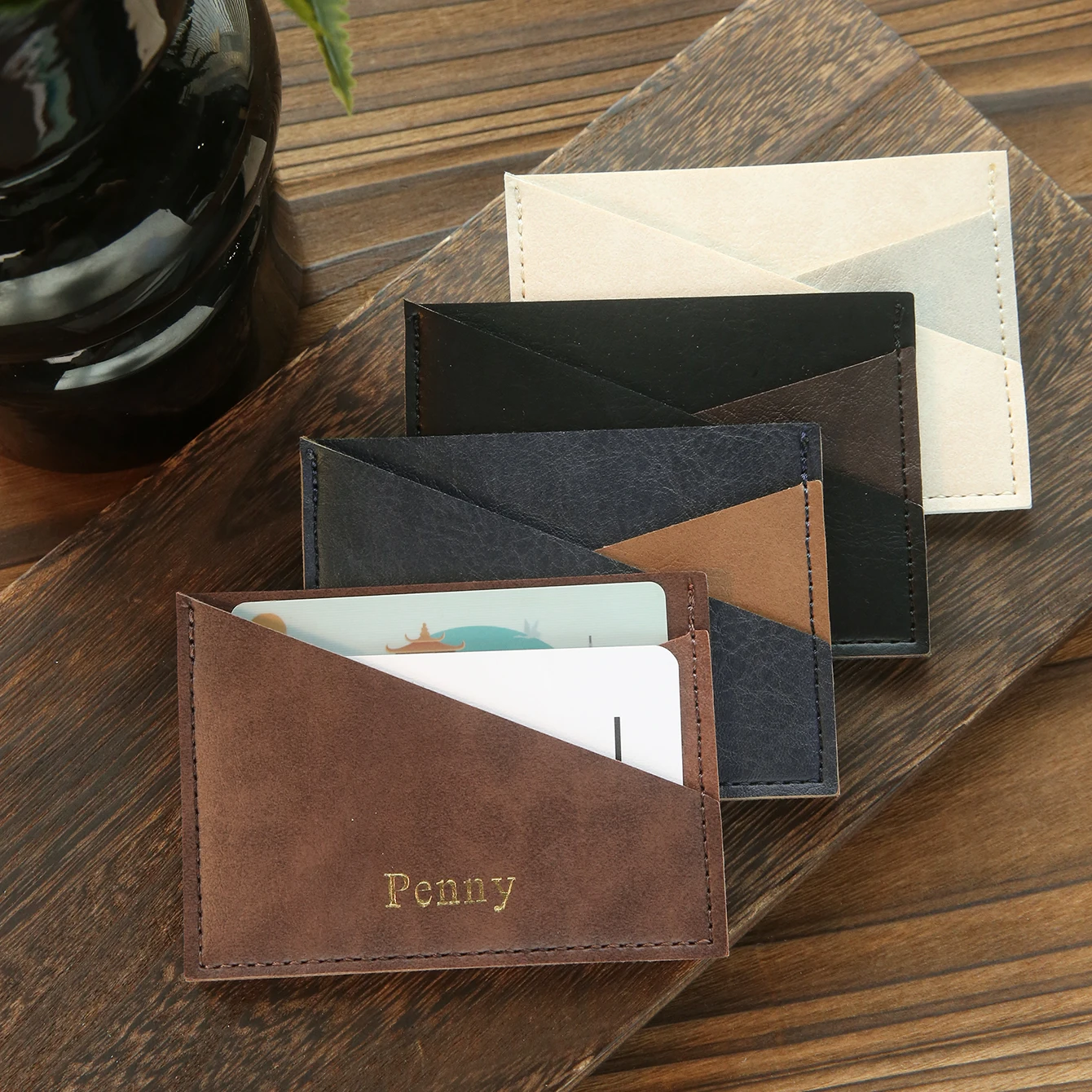 Personalized Slim Minimalist Card Case Customized Faux Leather Credit Card Holder Custom Irregular Card Wallet 2 Card Slots