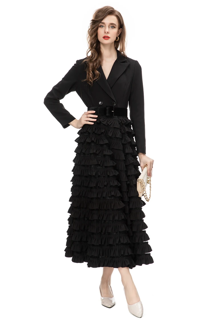 Vestido de passarela feminino com gola entalhada, mangas compridas, babados em camadas, patchwork, festa elegante, vestidos de baile