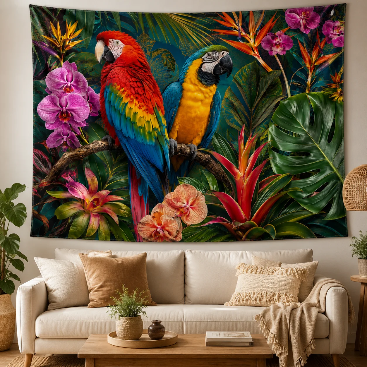 ropical Parrot Tapestry Scarlet Macaw Jungle Palm Leaf Orchid Wall Hanging