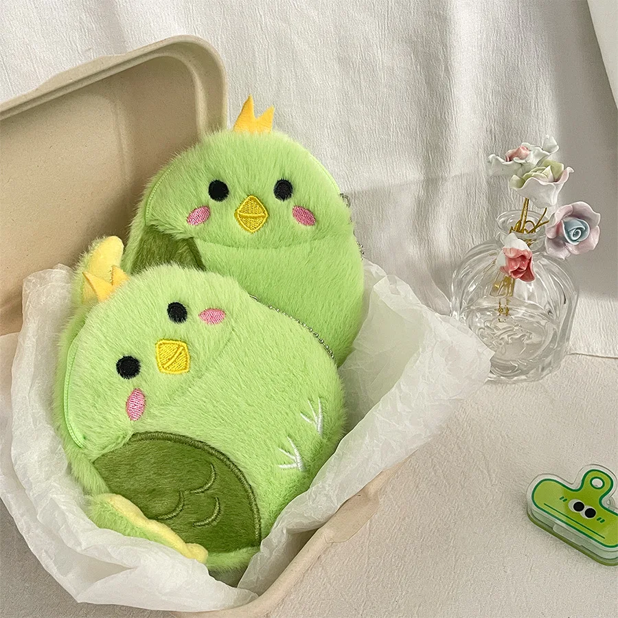 Porte-monnaie en peluche perroquet de dessin animé 14cm, pendentif oiseau mignon, sac à main en peluche pour fille, casque, rouge à lèvres, sac de rangement, pendentif, cadeaux pour enfants