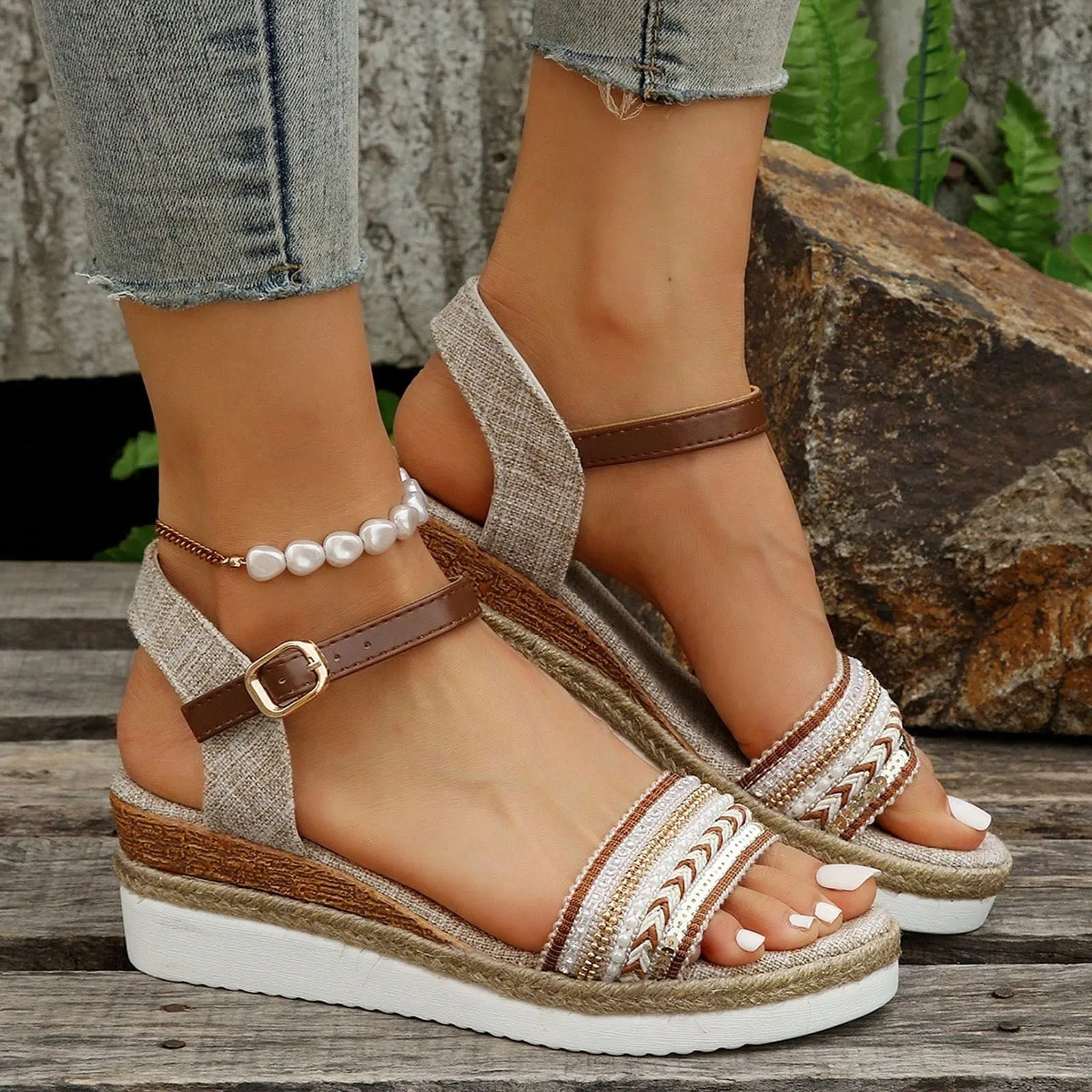 Sandals For Women Wedge Half Ladies Weave Open Toe Buckle Strap Cloth Slope Heel Thick Sandals Women Flip Flops Rhinestones