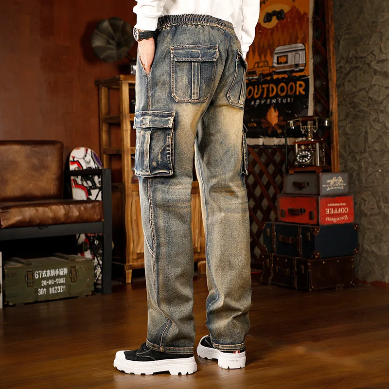 2026 New Men's Blue Jeans, Slightly Stretch Denim Drawstring Pants, Workwear-Style Multi-Pocket Trousers. Asian Sizes