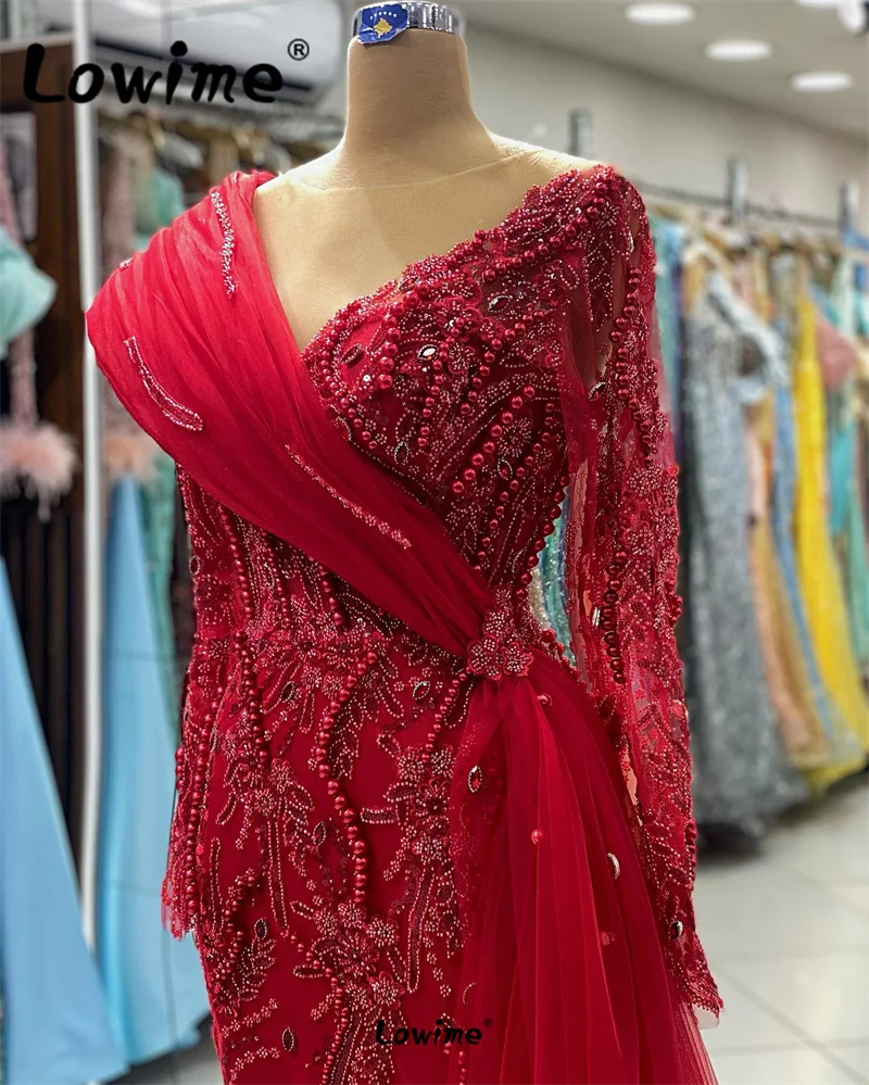 Dubai Arabic Formal Evening Dress Red Plus Size Women Party Gowns Long Sleeve Custom Made Beaded Sequins Aso Ebi Engagement Gown