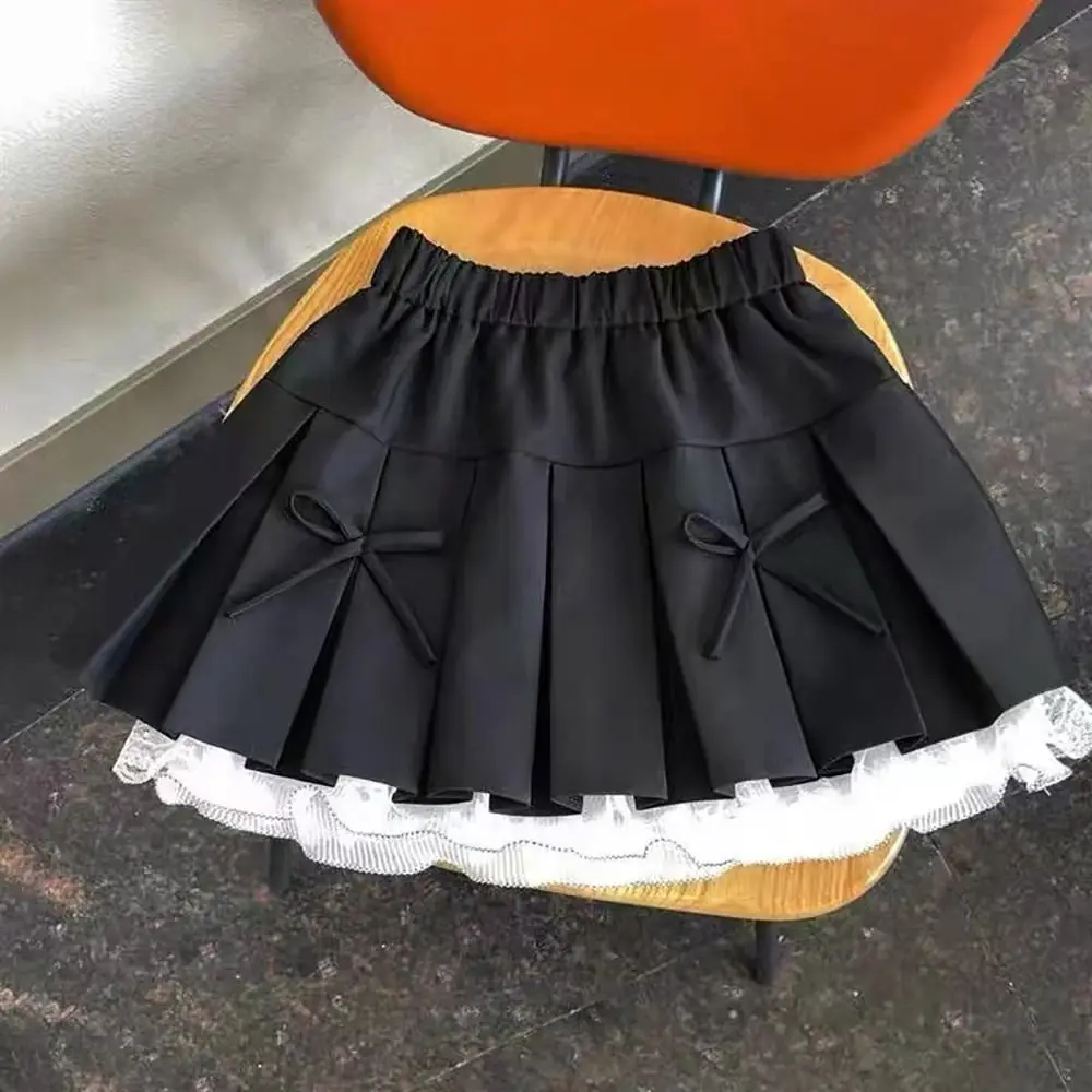 Bowknot Girl Pleated Skirt Black Grey Pleated Design Kids Uniform Skirt Lacw Edge Uniform Style Pleated Skirt Clothes