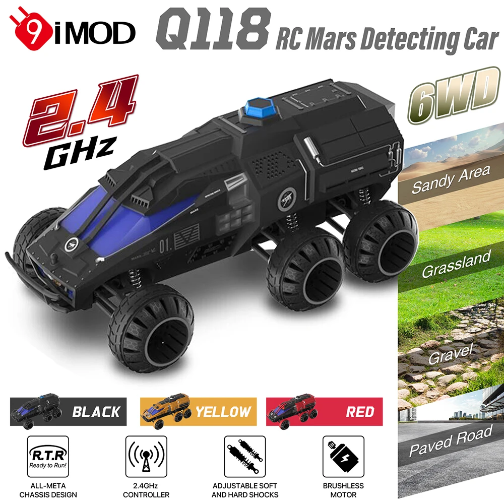 9IMOD Q118 RC Car 6WD 2.4GHZ 60M Distance Hidden Liftable Turret Mars Detecting Car For Sandy Area Grassland Gravel Paved Road