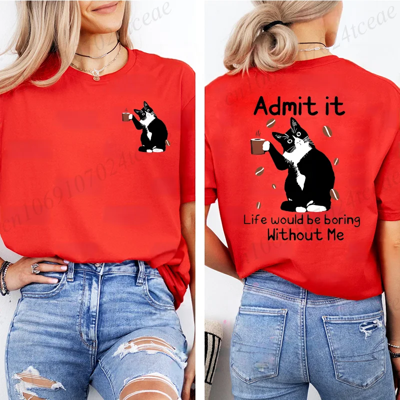 القط شرب القهوة المطبوعة تي شيرت المرأة الصيف عادية تي شيرت ملابس فضفاضة القط الأسود طباعة تي شيرتات قصيرة الاكمام #3