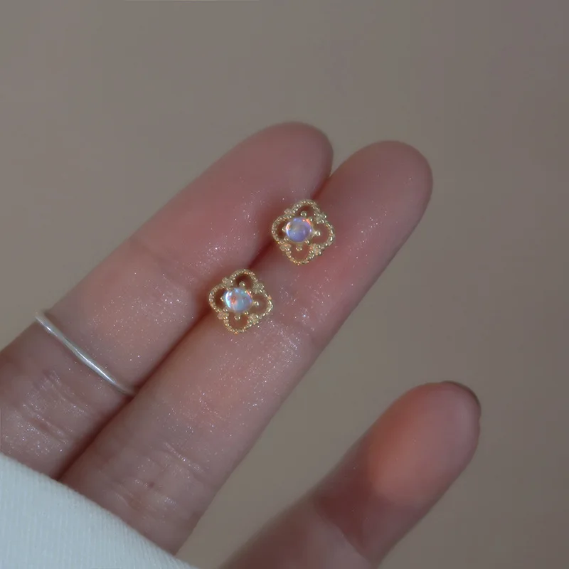 Sweet Cute Zircon Moonstone Hollow Flower Stud Earrings For Women Girl Teen Simple Birthday Party Jewelry Accessories Gift