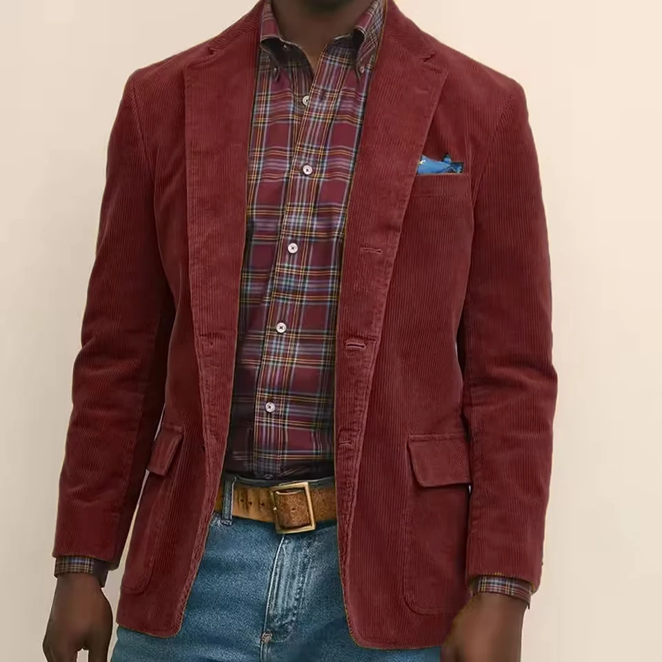 Mens Corduroy Blazer Jacket Single Breasted Blend Fabric Notched Lapel Comfort Breathable Business Casual Suit Outerwear Coat image 4