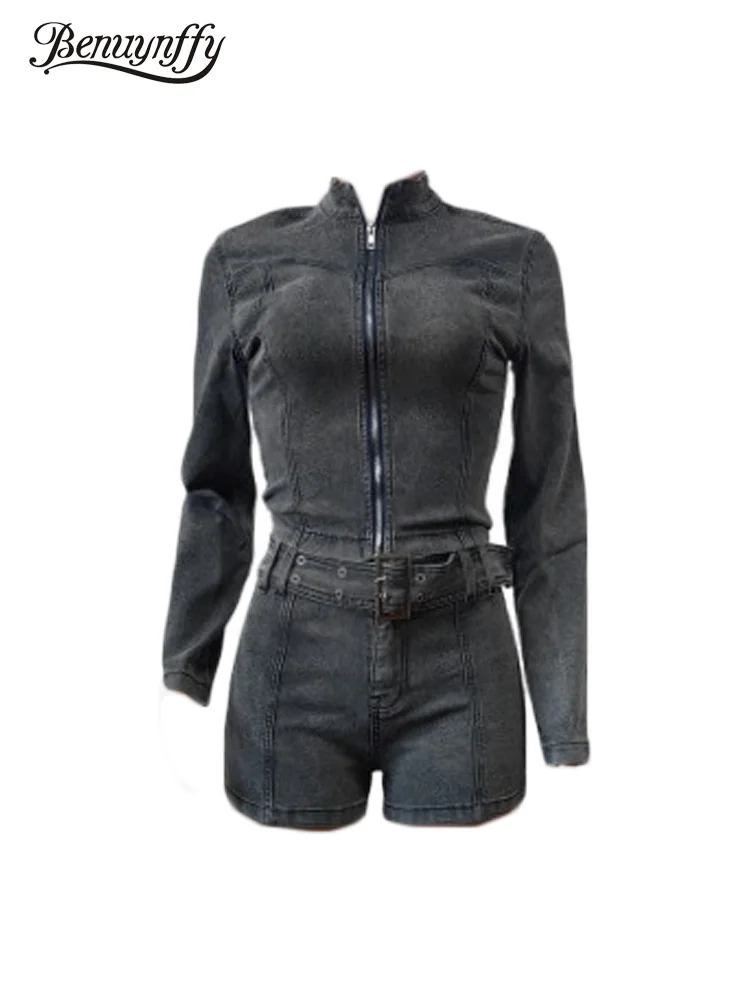

Benuynffy Sexy Long Sleeved Elastic Zip Up Crop Denim Jacket Women Club Party Streetwear Jean Shorts with Belt Two Piece Set
