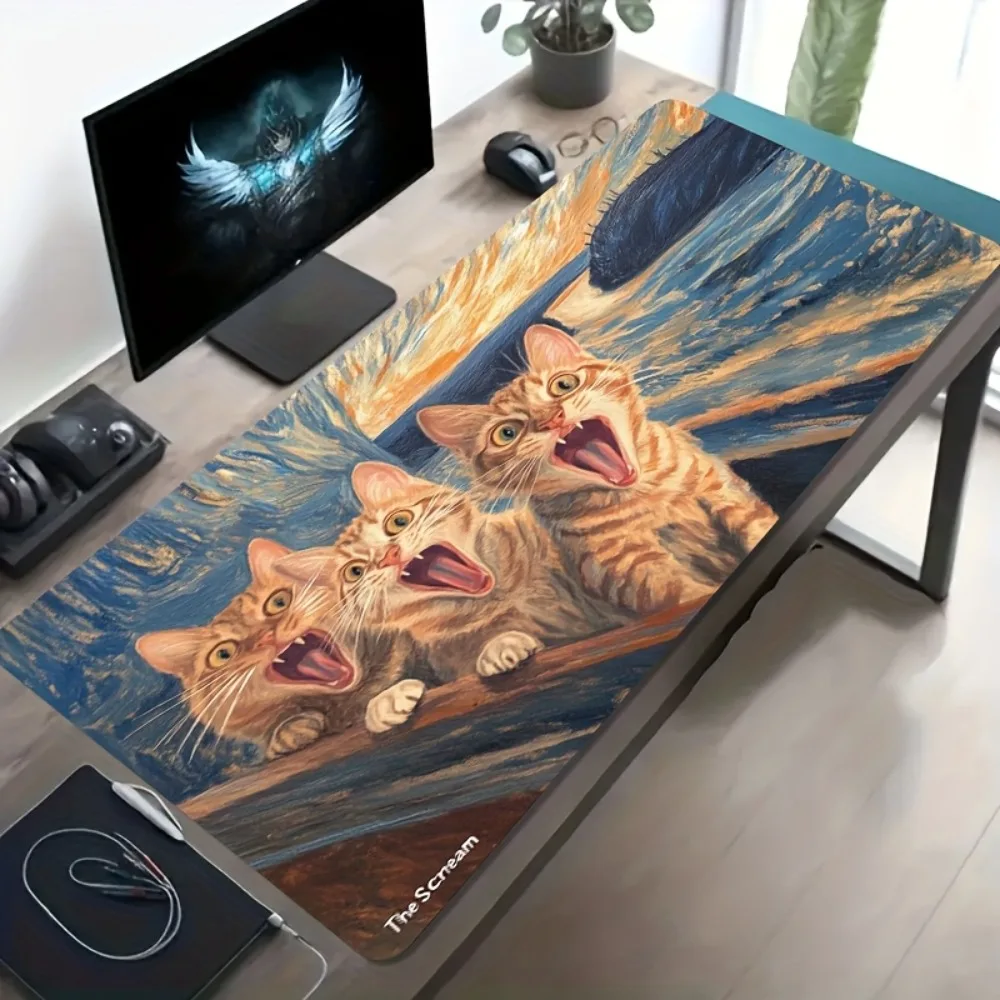 Large The Scream Cat Parody Mouse Pad, Extended Non-Slip Gaming Desk Mat, Waterproof Keyboard Pad for PC