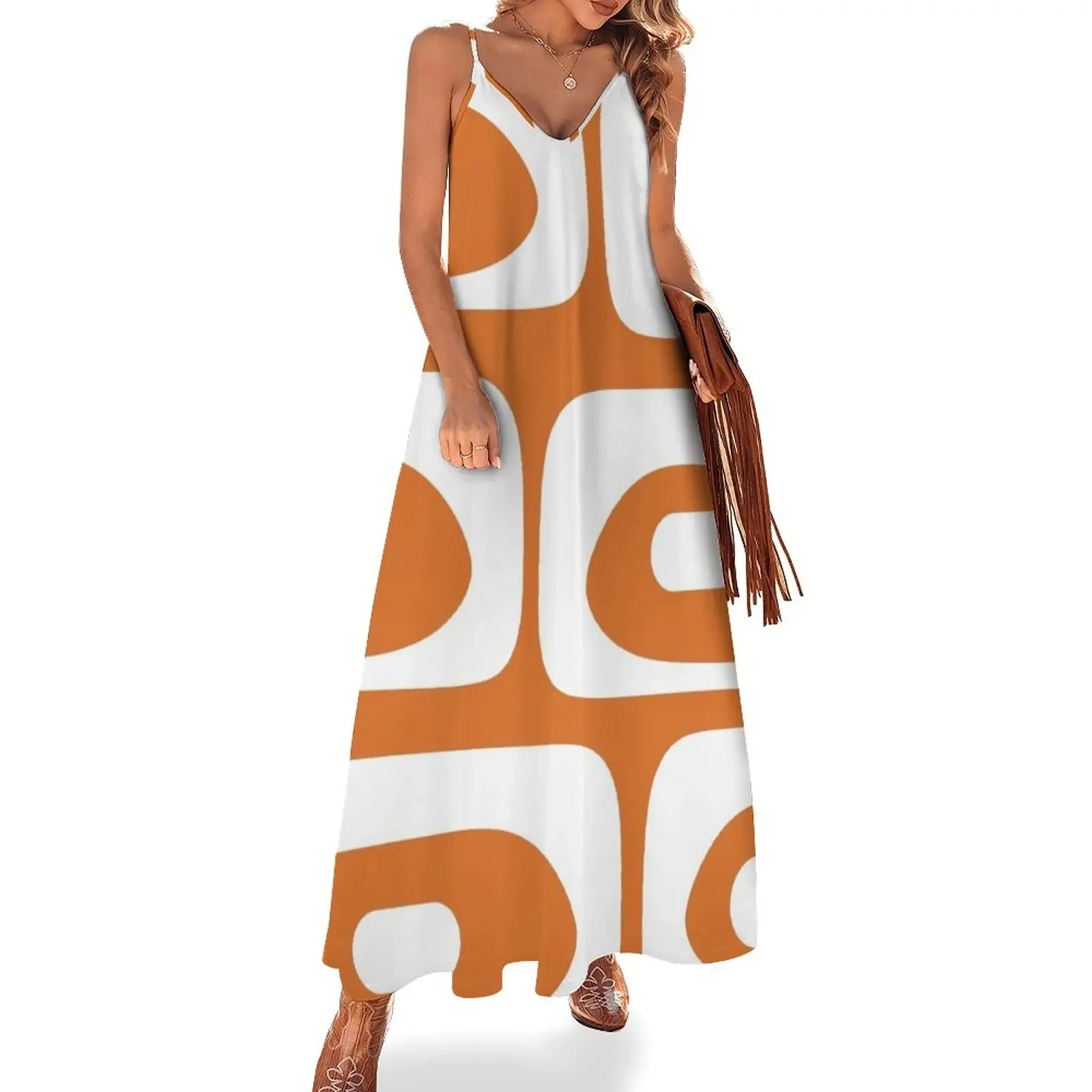 

Mid Century Modern Piquet Abstract Pattern in Burnt Orange and White Sleeveless Dress Woman clothes summer dress womens 2025