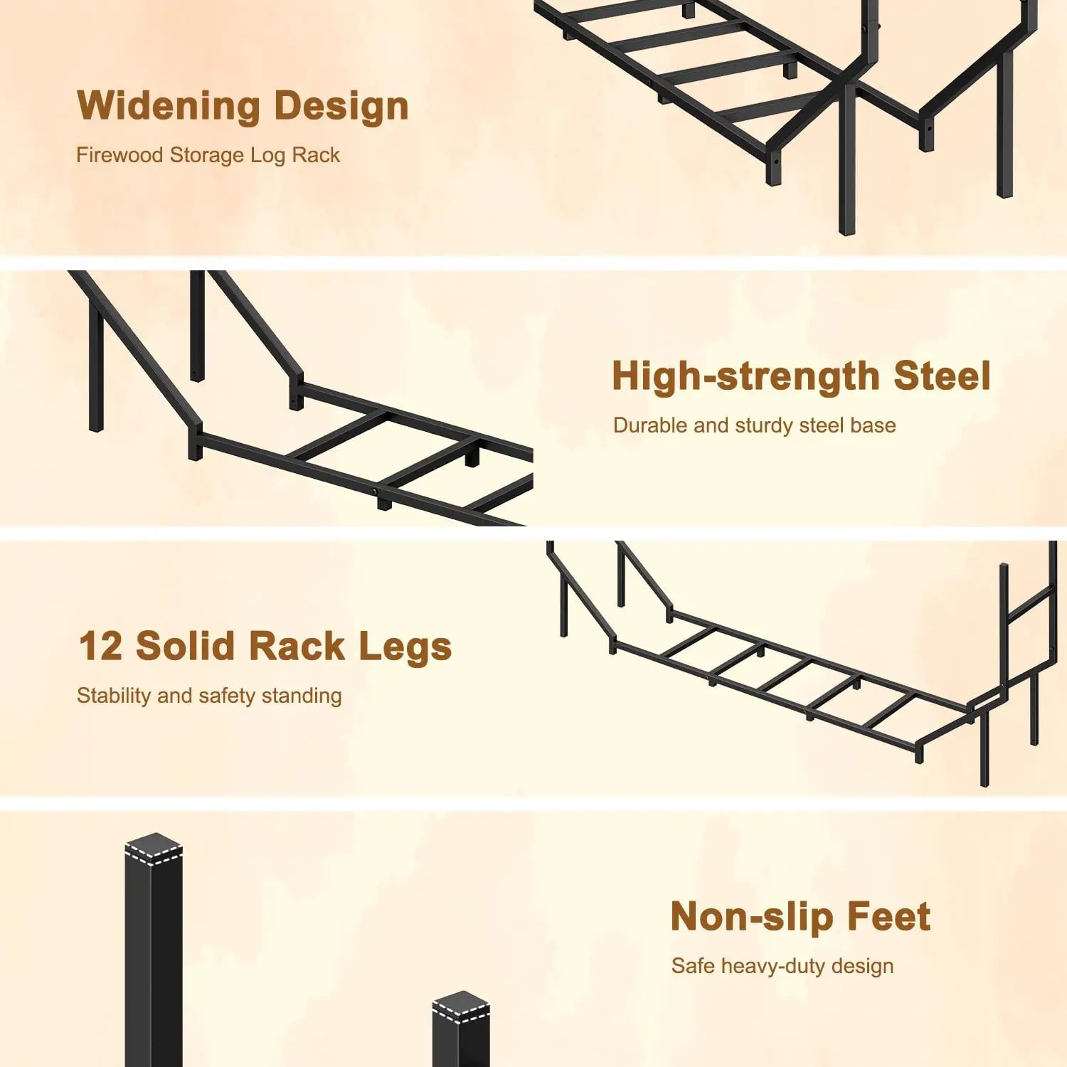 5.9ft Heavy Duty Metal Firewood Rack, Adjustable Indoor Outdoor Log Holder with Non-Slip Pads, Black