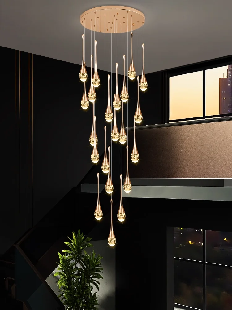 

Modern Nordic Style Gold Crystal LED Pendant Chandelier for Luxury Lobby Long Staircase Hanging Lights Creative Home Decoration