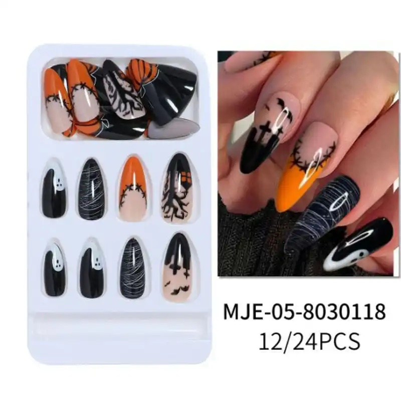 24Pcs Holloween Fake Nails Acrylic False Stickers Decals DIY Art Tools Pumpkin Designs Long Coffin Full Cover Black Orange Safe