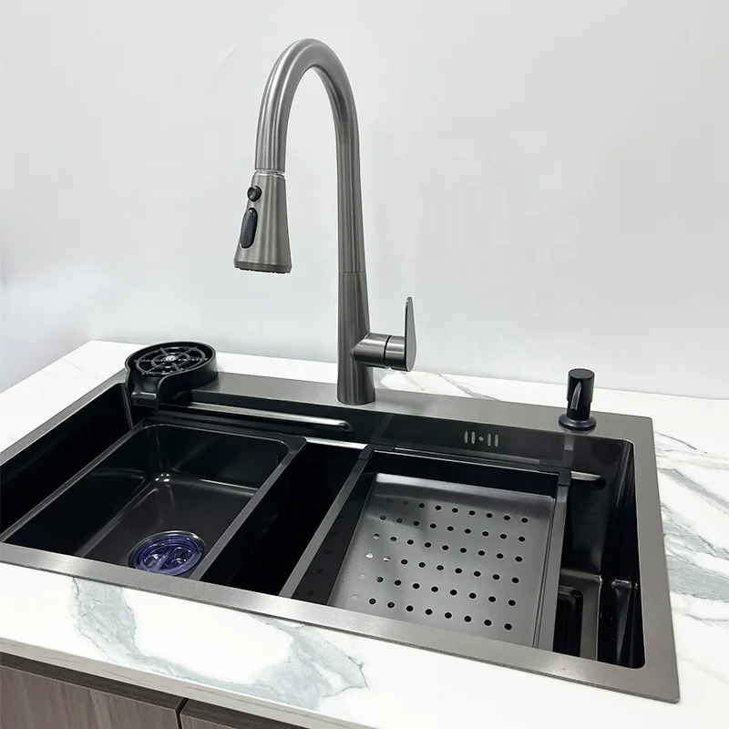 Gray Black Kitchen Sink Large Single Slot Multifunction Sink Anti-Scratch Handmade Waterfall Faucet Sink