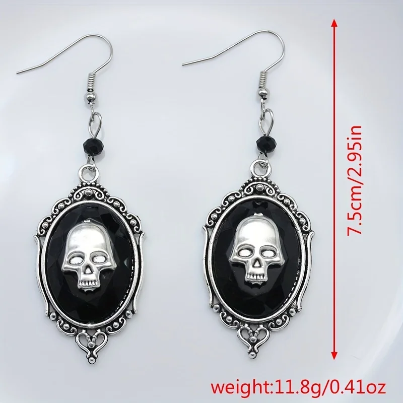 Oval Shape With Skull Pattern Black Dangle Earrings Hip Hop Style Alloy Jewelry Halloween Accessories