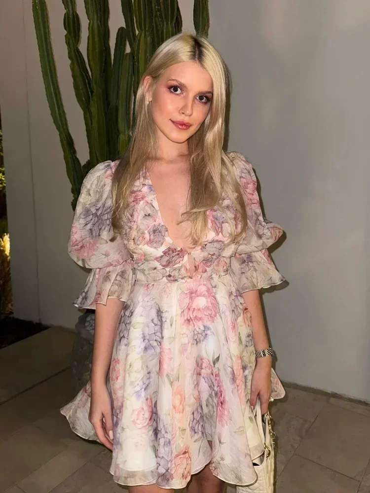 Doce rosa chiffon feminino vestido curto moda flor 3d grande puff manga com decote em v cintura alta uma linha em camadas vestidos nova senhora roupões