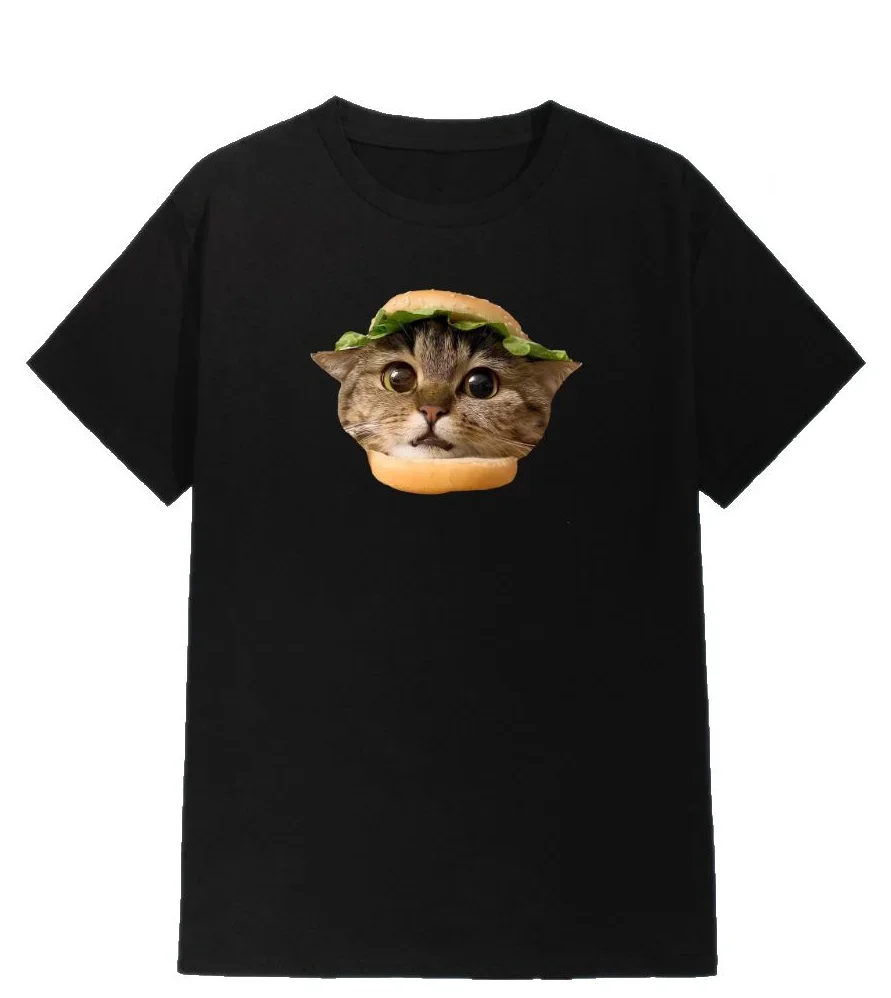 Women Cute Big Eye Burger  Shirt Cat in Burger Print Short Sleeve O Neck Casual Tops Black White Summer Vintage Daily Wear