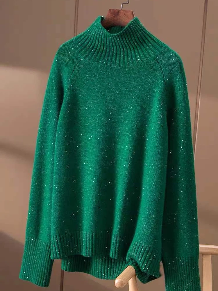 Pure mountain cashmere sweater women's high-necked thick sequin gold sweater loose lazy knit bottoming coat